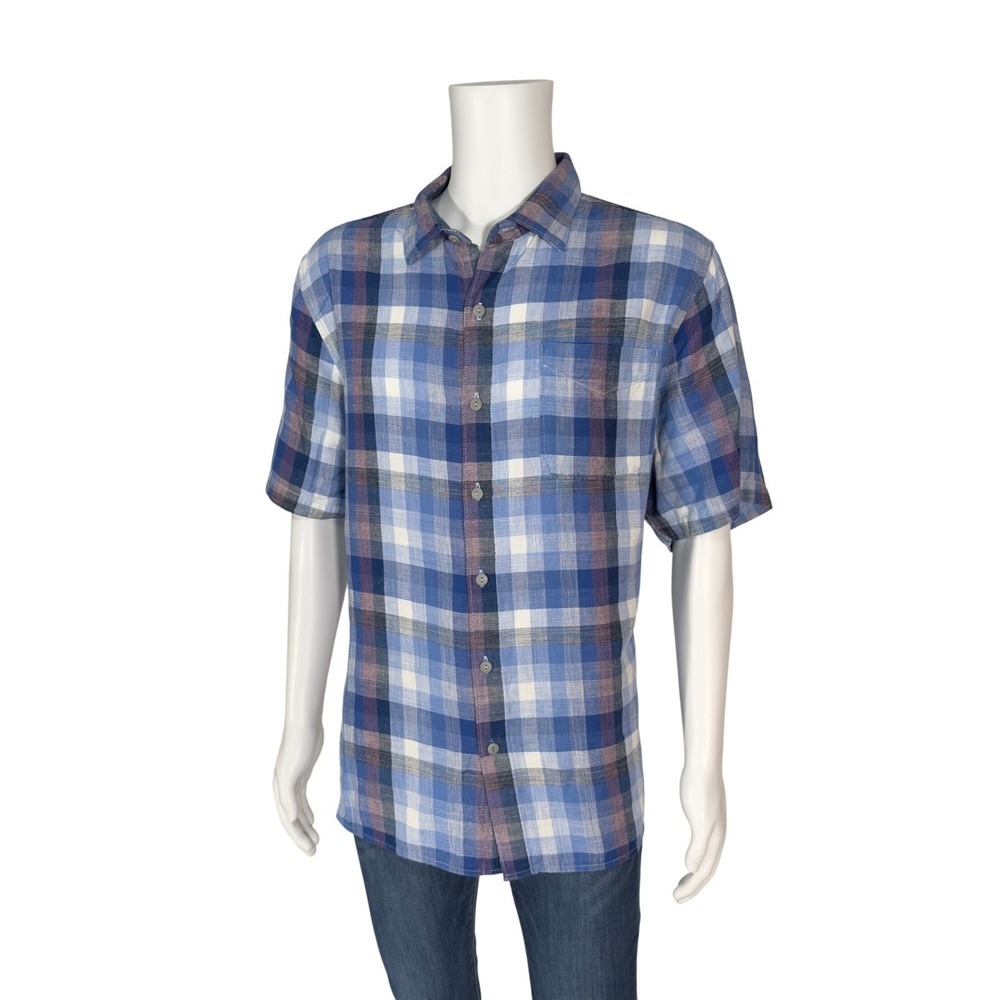 Tommy‎ Bahama Button Down Mens XL Blue Plaid Excellent Short Sleeve Cotton Shirt